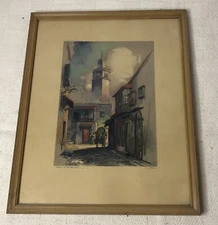 Vintage Signed A. F. Mettel Litho Print Sidi Bou Said Cobblestone Street Scene
