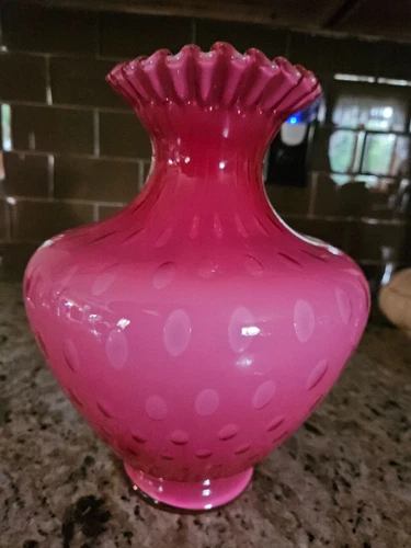 Fenton Pink Wild Rose Overlay Cased Glass Bubble Optic Vase 11" Tall