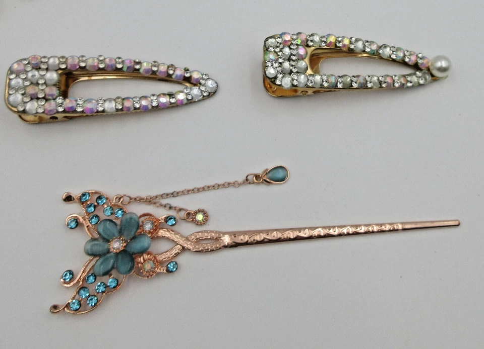 LOTE DE COLECCIÓN ELEGANTE CONJUNTO ESTRÁS IMITACIÓN PERLA ORO TONO PLATA BARETES PINZA PARA EL PELO Foto 3 de 4