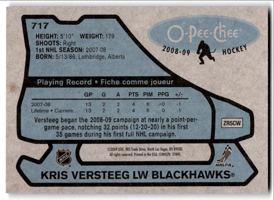 2008-09 O-Pee-Chee '79-80 Retro Kris Versteeg #717 Chicago Blackhawks - Image 2 of 2