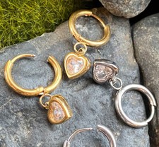 PAIR Dangling Gem Heart Hoop Earrings 316L Stainless Steel Hinge Action 18g