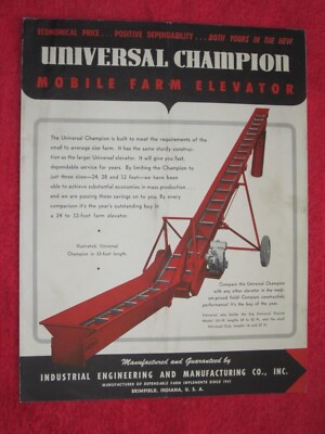 1950s INDUSTRIAL ENGINEERING & Mfg Co. UNIVERSAL CHAMPION FARM ELEVATOR BROCHURE