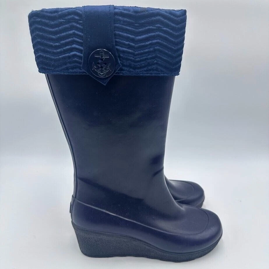 Botas Sperry Mujer 7 Impermeables Lluvia Azul Marino 2" Tacón Puño Goma Anclaje Botón Foto 2 de 4