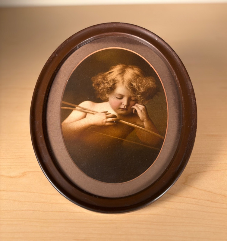 Antique Cupid Asleep 1897 Parkinson Print Metal Oval Frame-10" by 8"