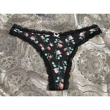 Victoria's Secret VTG 2011 Black Lace Cotton Low Rise Thong Panties XS Floral