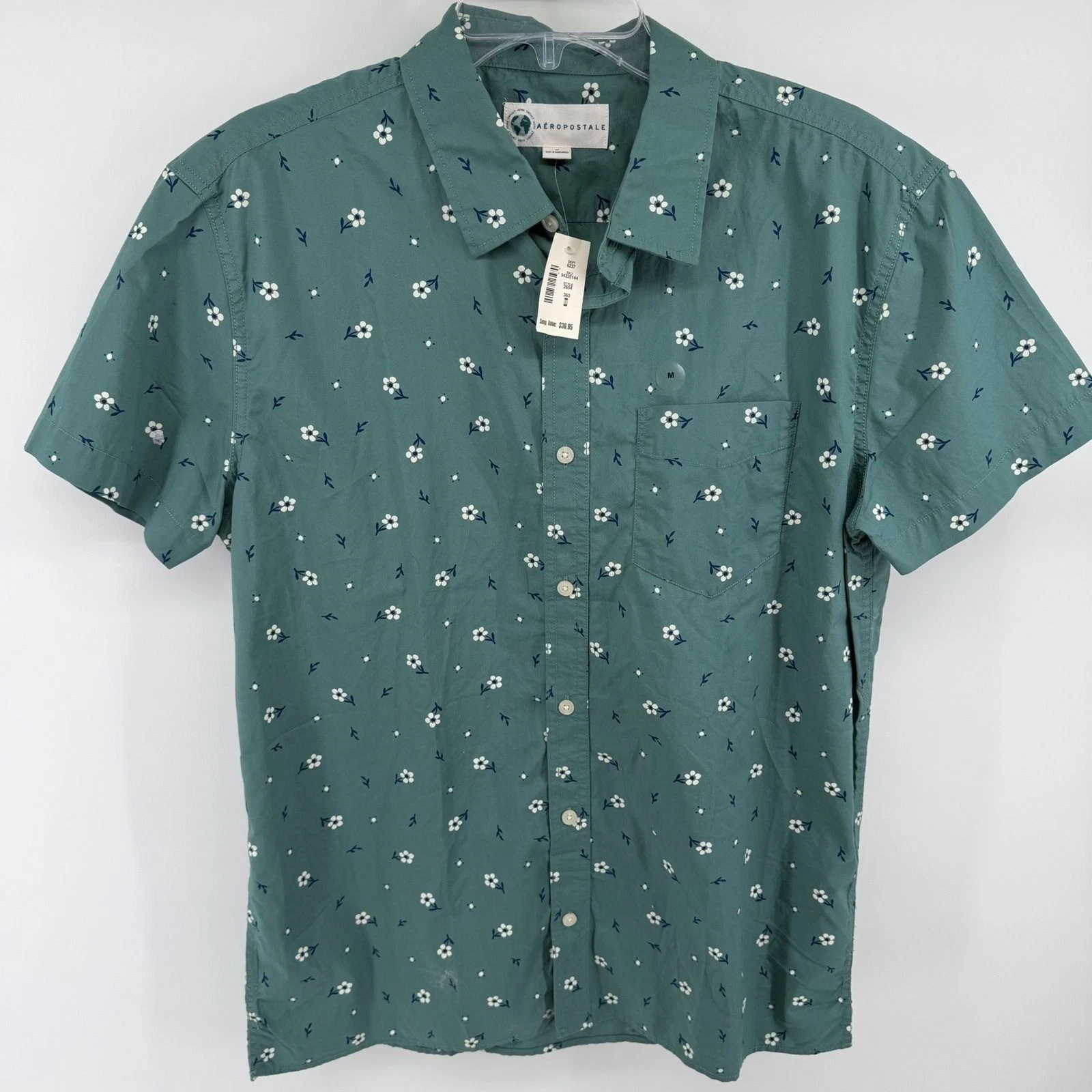 Aeropostale Mens Floral Short Sleeve Button Shirt Teal Green 2654 Size M NEW