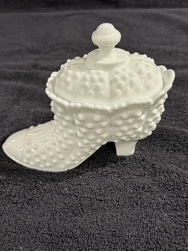 Fenton Milk Glass Boot,  Lidded , Vintage Hobnail candy dish vanity shoe,