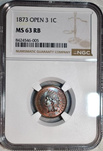 NGC MS-63 RB 1873 Open 3 Indian Head Cent, Superbly Struck & Beautifully Toned!