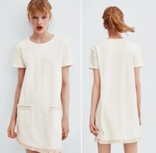 Women's Zara Trafaluc Short Sleeve Dress w/Bead & Fringe Accents, Size S - Cream