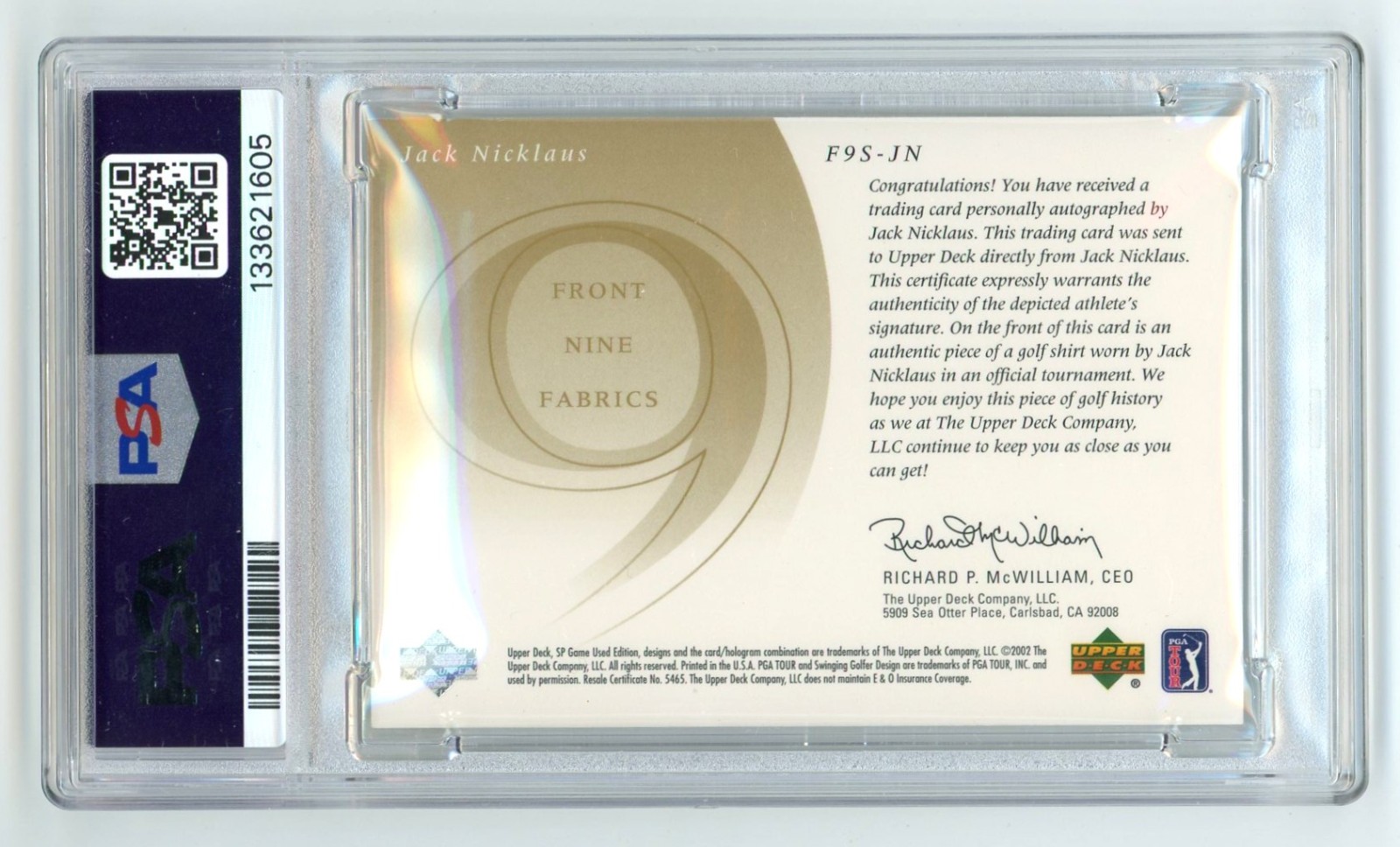 2002 UD Upper Deck SP Game Used Front 9 Fabric Jack Nicklaus Auto Patch 98/100 view 2