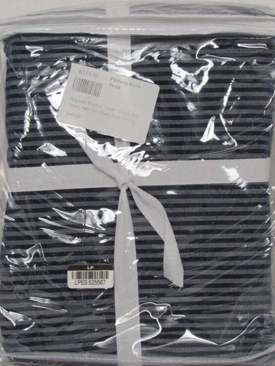 Juego de sábanas orgánicas Pottery Barn Boxter a rayas, Twin/Twin XL azul marino gris claro nuevo con etiquetas Foto 4 de 4
