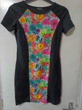 Indulgence Bodycon Dress Black front Floral panel Short Sleeve s/m