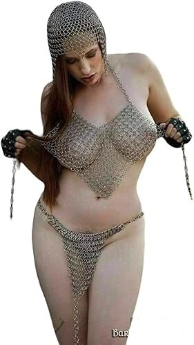 Women Bikini Viking Hot Sexy Fancy Chainmail 3 Piece Set Bra+Pantie+Coif Chainma - Image 2 of 4