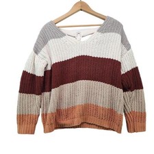 Womens Drop Shoulder Chunky Knit Sweater Oversize Strappy T Back Stripe Medium