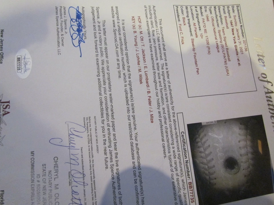 Mel Ott NY Giants Firmado Béisbol JSA Carta Completa T Jackson E Lombardi Foto 2 de 4