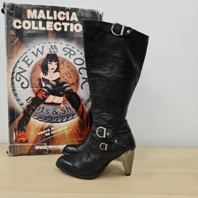 New Rock M.9104 Malicia Black Arrow Buckle Mid Calf Chunky Heel Boots Uk 4 Eu 37