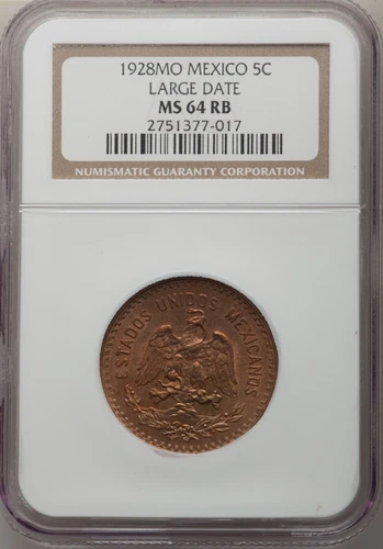 MEXICO ESTADOS UNIDOS 1928 5 CENTAVOS COIN CERTIFIED UNCIRCULATED NGC MS64-RB
