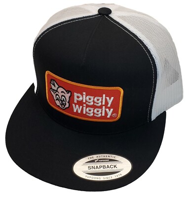 Piggly Wiggly Patch on Trucker Hat Yupoong/YP Classic 6006 Snapback Black/White 