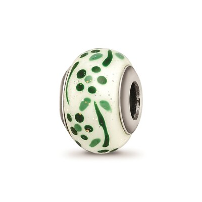 Reflection Beads Sterling Silver Green Glitter Overlay Flower Italian Glass Bead