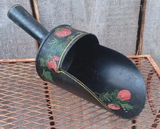 Antique Toleware Hand Painted Metal Grain Scoop Primitive Folk Art Strawberries