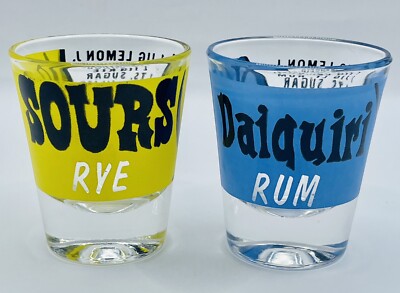 Set of 2 Vintage Retro Shot Glasses Daiquiri Rum Sours Rye Recipies
