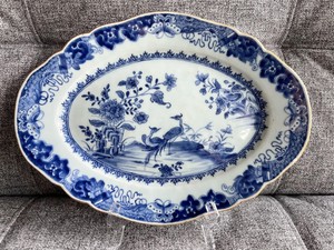Chinese 18thC Qianlong Period Blue and White Peacock Pattern Plate - 33x24cm