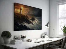 Lighthouse With Stormy Skies & Crashing Waves Wall Art Canvas Unframed Print Art