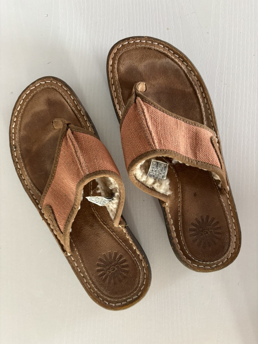 UGG Australia Flip Flops Womens Coral Seafoam Leather Sandals Sherpa Fur  Lined