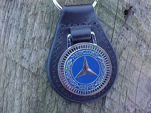 MERCEDES BENZ LEATHER KEY FOB OLD SKOOL BLUE LOGO RARE FIND EXCELLENT CONDITION!