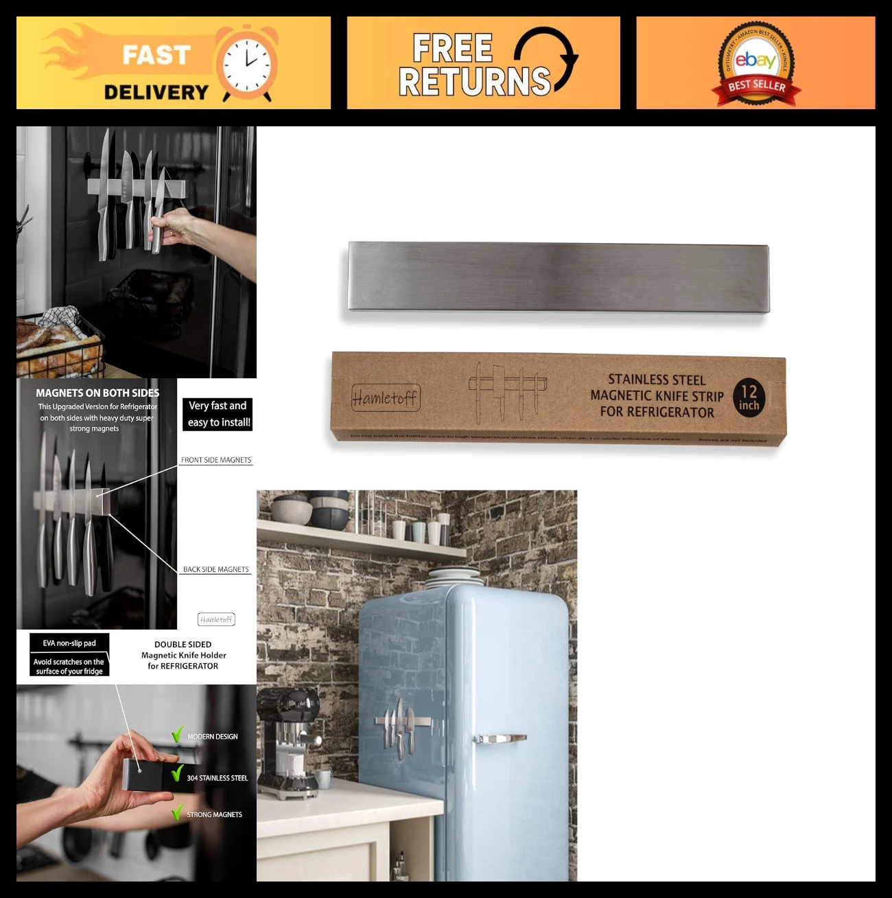 12" Magnetic Knife Holder Strip - Double-Sided Stainless Steel for Fridge & Wall