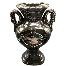Vintage Porcelain Black Vase- Glazed Floral Gilded Gold- 8.25" Two Handles