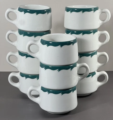 Set Of 11 Vtg Stackable Syracuse China Green Wave Restaurant Ware Coffee Mug Cup