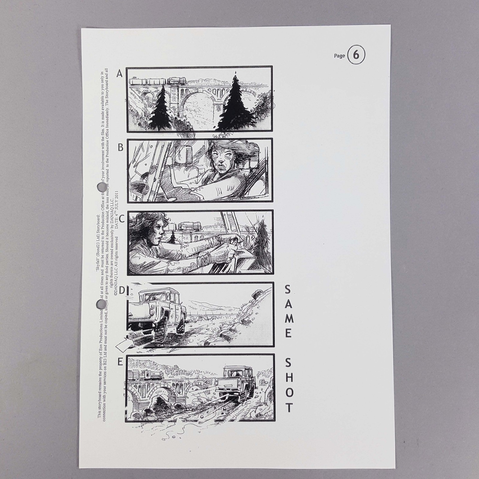 James Bond Skyfall Storyboard Eve Drives Land Rover Beside Bridge, Prop COA