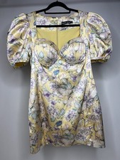 LAVISH ALICE Floral Puff Sleeve Mini Dress Satin Yellow Women's US 12 Cocktail