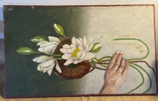 Original Antique Primitive Victorian Hand Holding Waterlilies Painting on Board
