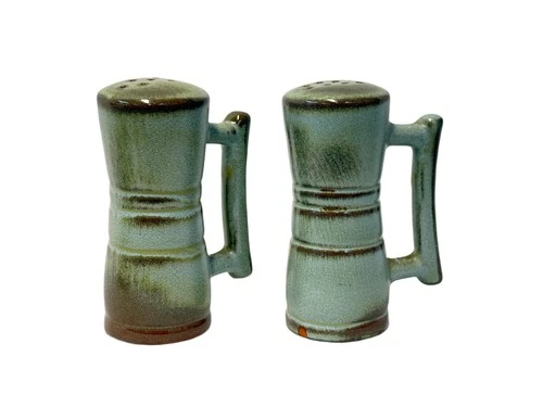 Vintage 1950's Frankoma Prairie Green Salt & Pepper Shaker Set w/ Handles 4.75"