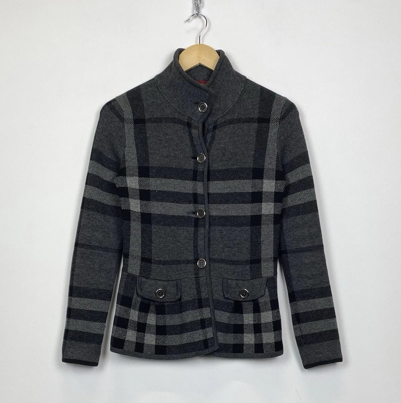 Burberry London Nova giacca cardigan bottoni check donna 38 lana cashmere grigio