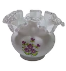 Fenton Glass Silver Crest Ruffled Vase Violets Snow 4" Hand Painted by Kay JB4C