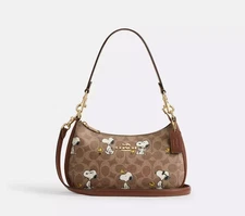 COACH x PEANUTS Teri CBJ88 Shoulder Bag Tan Brown Snoopy Print Signature Canvas