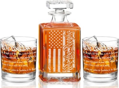 Whiskey Decanter Engraved We The People American Flag Decanter Set W/ 2 Glasses