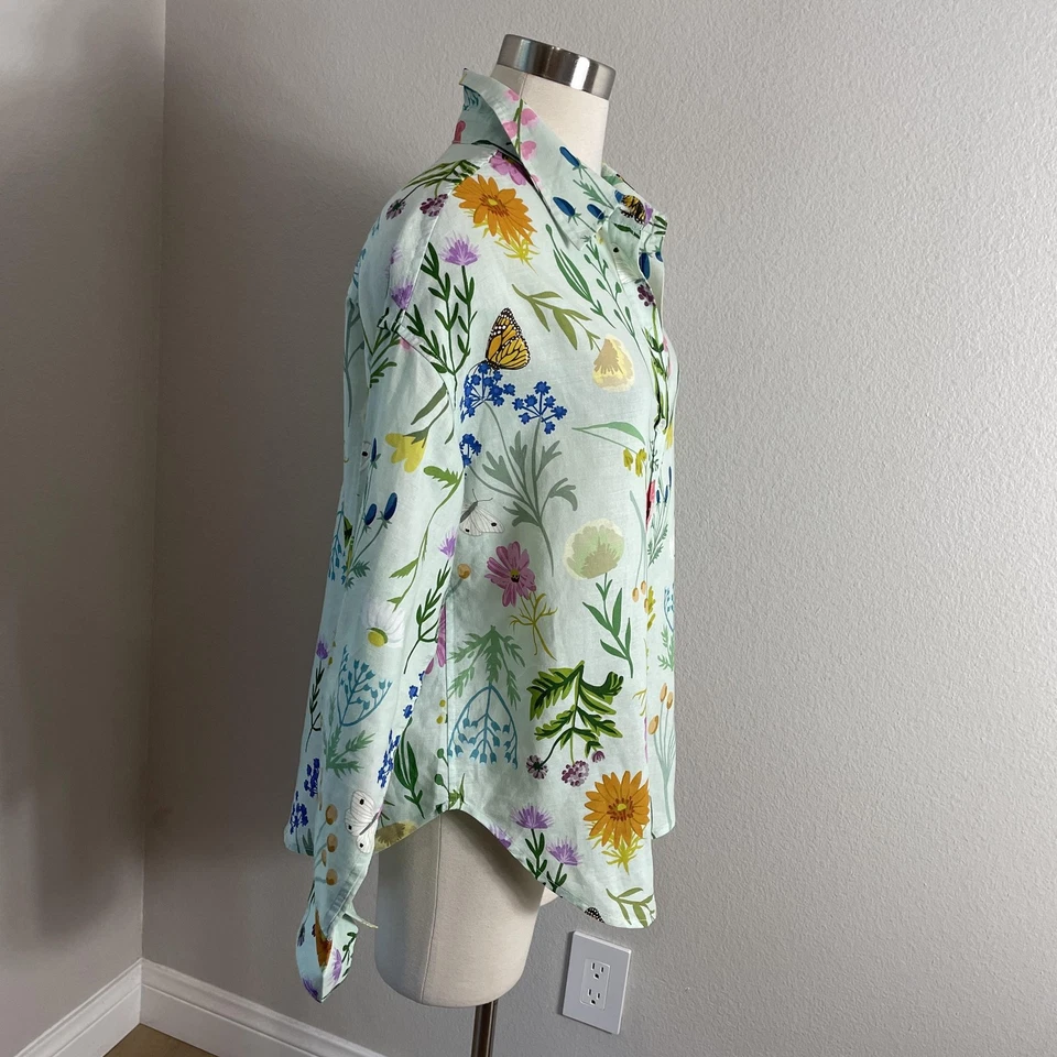 Camisa Lesley Evers Mujer Grande Verde Lino Algodón Floral Mariposa Abotonada Foto 3 de 4