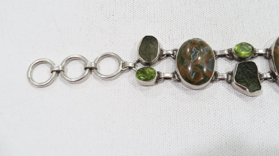 Pulsera artesanal BJ 925 riolita/jaspe de océano, moldavita y peridoto esterlina Foto 2 de 4