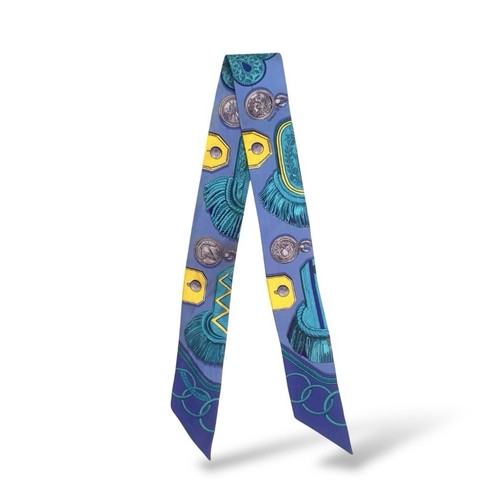 HERMES 100% Silk Twilly Scarf “Epaulettes de Gala” • Lavender Turquoise Yellow