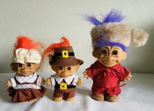 3 Vintage Troll Dolls Russ Daniel Boone Davy Crocket Purple Hair 5.5" & Pilgrims