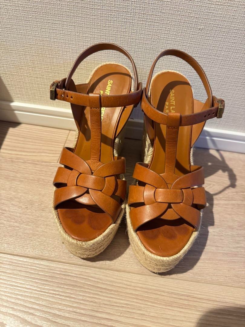 Sandali Saint Laurent suola zeppa marrone pelle conciata taglia 37 donna autentici