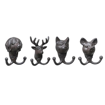 Wandgarderobe aus Gusseisen mit Tierkopf, Doppelhaken, Schlüsselhaken,