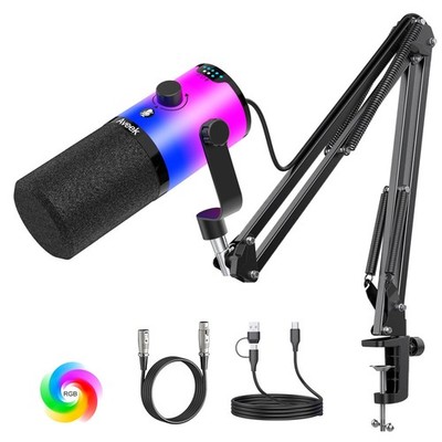 USB/XLR Dynamic Microphone with Boom Arm, One-Touch Mute & Noise Cancellation...