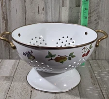 Vintage Tabletops Unlimited White Enamel Colander  Fruit Pattern 8.5" w Handles