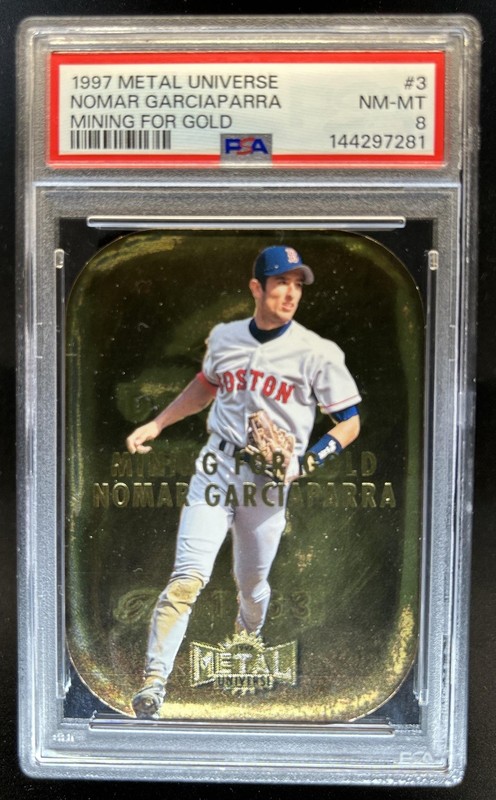 1997 Skybox Metal Universe Nomar Garciaparra Mining for Gold RC #3 Red Sox PSA 8