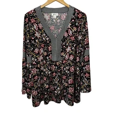 Style & Co Floral Blouse Neck Gingham Boho Peasant Flowy Pullover Womens 2X